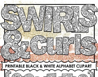 Swirls Alphabet Clip Art, Printable Bulletin Board Letters, Black & White Coloring Letters, Print and Color, PNG Digital Alpha