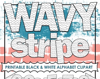 Wavy Stripe Alphabet ClipArt, Beach Printable Bulletin Board Letters, Black & White Coloring Letters, Print and Color, PNG Digital Alpha