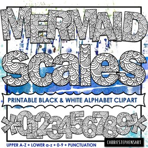 Puede incluir: Clipart de alfabeto en blanco y negro con un diseño de escamas de sirena. Las letras son mayúsculas y minúsculas, los números del 0 al 9 y los signos de puntuación. El texto "PRINTABLE BLACK & WHITE ALPHABET CLIPART" está en la parte superior de la imagen. El texto "UPPER A-Z + LOWER a-z + 0-9 + PUNCTUATION" está en la parte inferior de la imagen. El texto "CARRIESTEPHENSART" está en la esquina inferior derecha de la imagen.