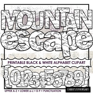 Mountain PRINTABLE Alphabet ClipArt, School Bulletin Board Letters, Black & White Coloring Letters, Print and Color, PNG Digital Alpha