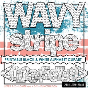 K&ouml;nnte beinhalten: Schwarzwei&szlig;es druckbares Alphabet-Clipart mit Wellenlinien. Die Buchstaben sind in Gro&szlig;- und Kleinschreibung, und die Zahlen sind 0-9. Der Text "WAVY stripe" befindet sich oben im Bild, und der Text "PRINTABLE BLACK & WHITE ALPHABET CLIPART" befindet sich unter den Zahlen. Der Text "UPPER A-Z + LOWER a-z + 0-9 + PUNCTUATION" befindet sich unten im Bild, und der Text "CARRIESTEPHENSART" befindet sich in der unteren rechten Ecke.