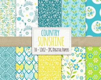 Chic Country Wedding Digital Paper, Floral Pattern Background Paper, Blue & Sunshine Yellow JPG Digital Download, Summer Scrapbooking