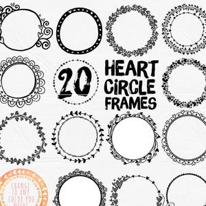 Circle Heart Border ClipArt, Wedding Monogram Frame, Transparent PNG Heart Round Clipping Masks, Printable Digital Stamp Circle Borders
