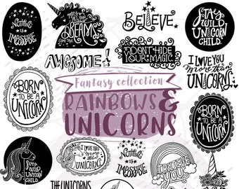 Unicorn Word Art PNG Quotes, Hand Lettered Unicorn Shirt ClipArt, UNICORN Graphics for Invitations, Rainbow Unicorn Party