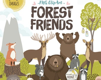 Woodland Animal ClipArt, Forest Friends, Fox, Bear Clip Art, Raccoon, Deer Digital Graphic, Baby Nursery, Camping Scrapbook Instant Download