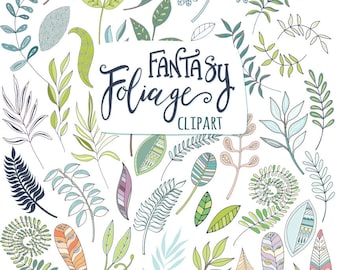 Tropical Foliage ClipArt, Bohemian Leaves Clip Art, Digital Download Graphics, Fantasy Floral, Plants, Swirls, Vines, Flourishes & Ferns