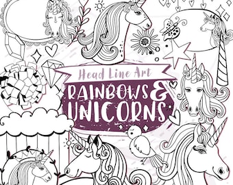 Unicorn Doodle ClipArt, PNG Line Art Illustrations, Inc: Rainbows & Clouds