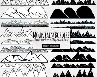 Imágenes prediseñadas de borde de montaña, gráficos de camping, geométricos, arte de línea PNG moderno y siluetas, dibujados a mano, divisores de páginas de álbumes de recortes digitales, viajes