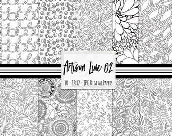 Line Art Patterns, Black and White Digital Paper, Coloring Printable Paper Pack, Tropical Foliage & Swirl Scrapbook Paper Download