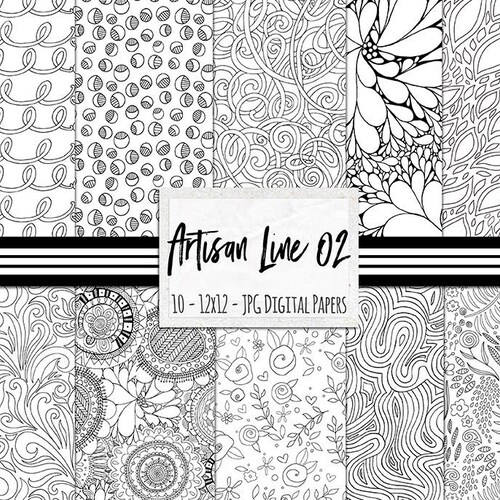 Line Art Patterns Black and White Digital Paper Coloring - Etsy
