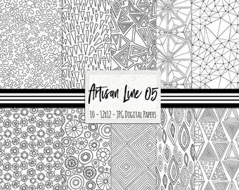 Doodle Digital Paper, Black & White Geometric Pattern Backgrounds |Artisan Line 05