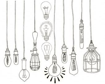 Light Bulb ClipArt PNG, String Light Digital Graphics, Royalty Free Printable Line illustration, Digital Art Doodle, Vintage Edison Bulb