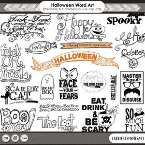 Halloween Word Art Quotes, Halloween Clip Art, Spooky Scrapbooking Title clipart, Hand Drawn Digital Stamps, Candy, Ghost, Black Cat image 1