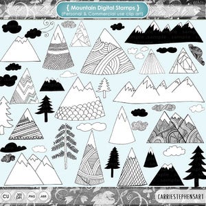 Zen Mountain ClipArt, Whimsical Woodland Doodle Images | Black & White PNG Mountains, Nature Digi Stamps, Digital Download