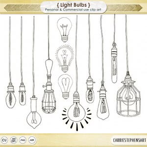 May include: A set of ten black and white line drawings of light bulbs, including a variety of shapes and styles.  The light bulbs are all hanging from cords.  The text "{ Light Bulbs }" and "Personal & Commercial use clip art" is at the top of the image.