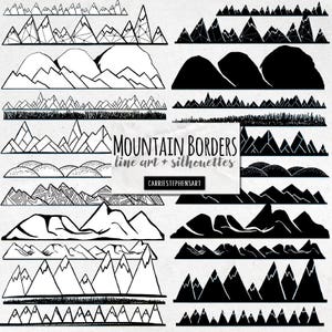 ClipArt bergrand, campingafbeeldingen, geometrisch, moderne png-lijnkunst en silhouetten, handgetekend, digitale plakboekpaginascheidingswanden, reizen