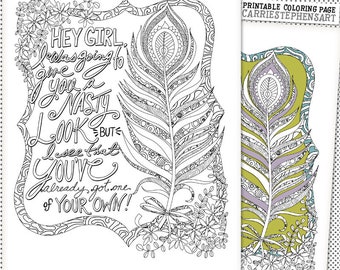 Boho Coloring Page Peacock Feather Printable Instant Download Hand Drawn Adult Colouring Book Sassy Quote Humor Nasty Look
