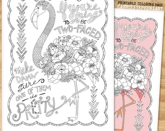 Pretty Flamingo Coloring Page Instant Download Printable PDF JPG Print And Colour Sarcastic Quote Sassy