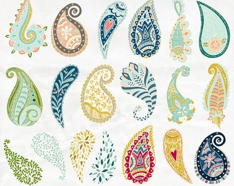 Paisley Clipart, Colorful Bohemian Clip Art, Hand Drawn Paisley, Decorative Graphic Design Element, Commercial Use, Printable, Card Making