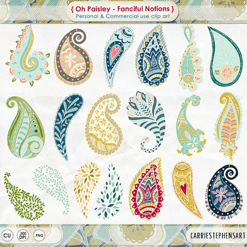 May include: A collection of colorful paisley designs in various shapes and patterns. The designs feature a mix of colors, including teal, blue, yellow, and red, with intricate details. Text at the top reads "{ Oh Paisley - Fanciful Notions }" and "Personal & Commercial use clip art."