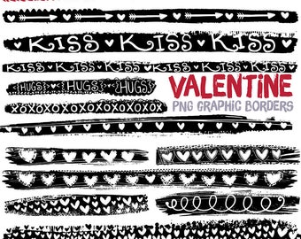 Valentine Graphic Grunge Border ClipArt, Black Dividers, Transparent PNG, Digital Ink Stamps