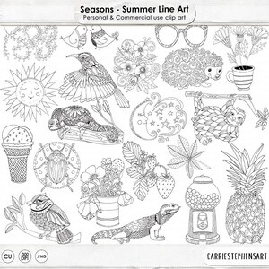 Lot de dessins au trait été, Illustrations PNG de la saison, Doodle ClipArt été, Images de fabrication de cartes, Timbre numérique, téléchargement immédiat