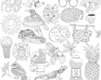 Summer Line Art Bundle, Season's PNG Illustrations, Summer ClipArt Doodle, Card Making Images, Digital Stamp, Instant Download