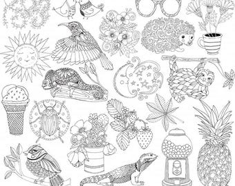 Summer Line Art Bundle, Season's PNG Illustrations, Summer ClipArt Doodle, Card Making Images, Digital Stamp, Instant Download
