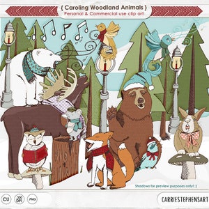 Op de afbeelding: Een digitale illustratie van bosdieren die kerstliederen zingen in een besneeuwd bos. De dieren omvatten een beer, een vos, een eland, een konijn, een muis, een ijsbeer, een uil en een vogel. De dieren dragen winterkleding en hoeden. De illustratie is in vintage stijl met een textuur achtergrond.