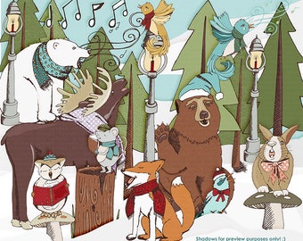 Woodland Animal Christmas ClipArt, Christmas Graphics, Holiday Animal ClipArt, Winter Forest, Brown Bear, Singing Moose, Instant Download