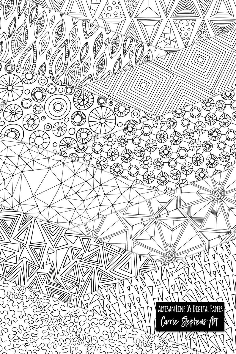 Puede incluir: Paquete de papel digital en blanco y negro con patrones geom&eacute;tricos. Los patrones incluyen c&iacute;rculos, tri&aacute;ngulos, cuadrados y l&iacute;neas. El texto "Artisan Line 05 Digital Papers Carrie Stephens Art" est&aacute; en la parte inferior de la imagen.