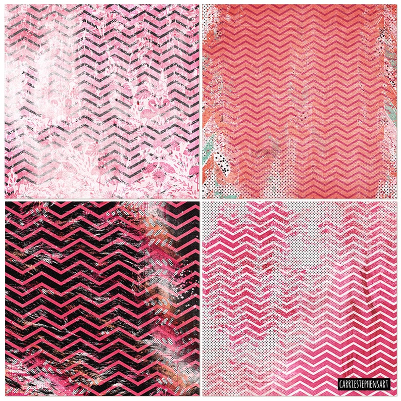 Tropical Flamingo Chevron Pattern Digital Backgrounds, Vacation Scrapbook Papers for crafters, Shabby Distressed Texture, Instant Download image 3