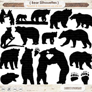 Op de afbeelding: Een set van 12 zwarte beren silhouetten in verschillende poses, waaronder staand, lopend en knuffelen. De silhouetten zijn perfect voor knutselprojecten, scrapbooking en digitaal ontwerp.