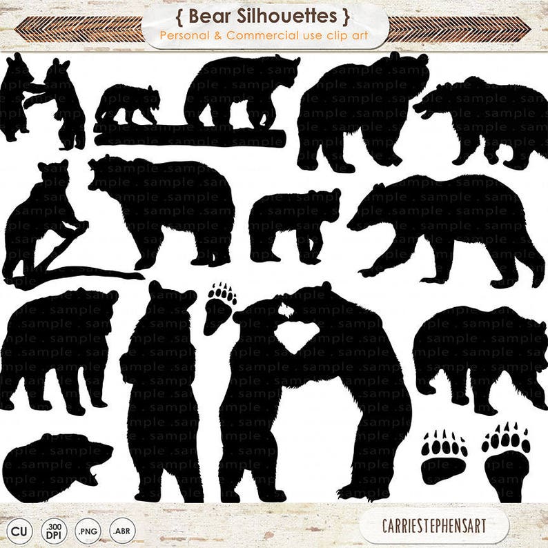 Op de afbeelding: Een set van 12 zwarte beren silhouetten in verschillende poses, waaronder staand, lopend en knuffelen. De silhouetten zijn perfect voor knutselprojecten, scrapbooking en digitaal ontwerp.