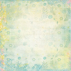 Op de afbeelding: Een lichtgroene en gele achtergrond met een subtiel patroon van bladeren en bloemen. De achtergrond heeft een textuur, vintage look.
