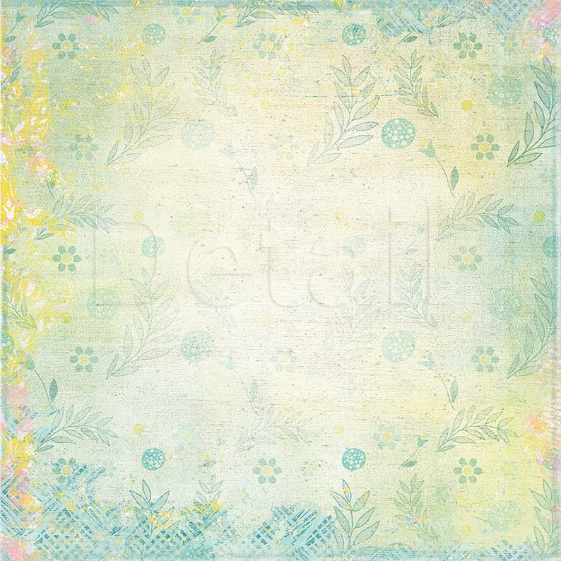 Op de afbeelding: Een lichtgroene en gele achtergrond met een subtiel patroon van bladeren en bloemen. De achtergrond heeft een textuur, vintage look.