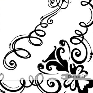 Puede incluir: Dise&ntilde;o decorativo en blanco y negro con intrincados remolinos y florituras. El dise&ntilde;o presenta una flor estilizada con una forma de coraz&oacute;n central y una superposici&oacute;n de texto que dice "Detalles!"
