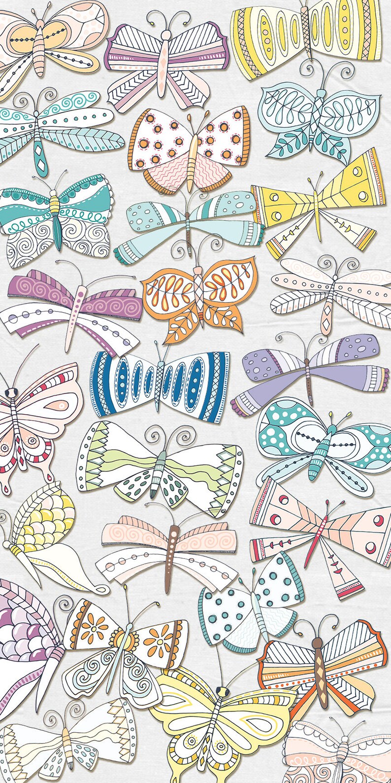May include: A digital illustration of a collection of colorful butterflies with intricate patterns and designs. The butterflies are arranged in a random pattern on a white background.