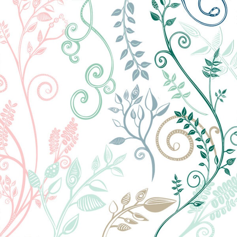May include: A digital illustration of stylized floral vines with leaves in shades of pink, green, and blue. The vines are arranged in a swirling pattern, creating a delicate and whimsical design.