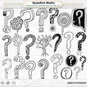 May include: A collection of 20 hand-drawn question marks in black ink on a white background. The question marks are all different shapes and sizes, and some have decorative elements like swirls, stars, and flowers.