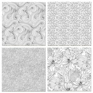 May include: Four black and white seamless patterns. The first pattern features swirling lines. The second pattern features a repeating pattern of small circles. The third pattern features a maze-like pattern. The fourth pattern features a floral design.
