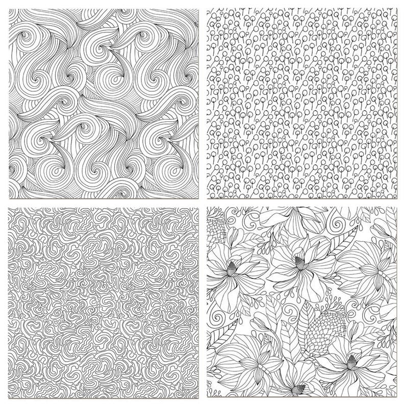 May include: Four black and white seamless patterns. The first pattern features swirling lines. The second pattern features a repeating pattern of small circles. The third pattern features a maze-like pattern. The fourth pattern features a floral design.