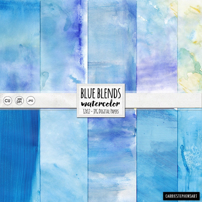 K&ouml;nnte beinhalten: Zw&ouml;lf digitale Papiere mit Aquarell-Waschungen in Blaut&ouml;nen. Die Papiere sind 12x12 Zoll gro&szlig; und haben 300 DPI. Der Text "BLUE BLENDS watercolor 12x12 - JPG DIGITAL PAPERS" befindet sich in der Mitte des Bildes.