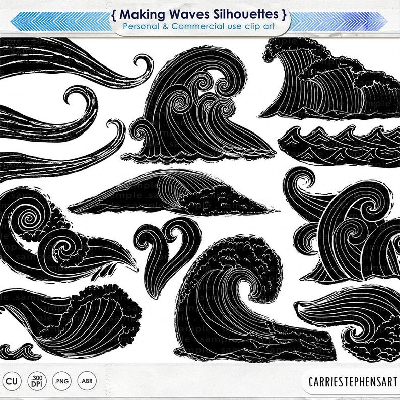 Wave Line Art Silhouettes, Water Clip Art, Coastal ClipArt, Ocean Images, Nautical Sea Life, Swimming, Beach Illustrations image 2