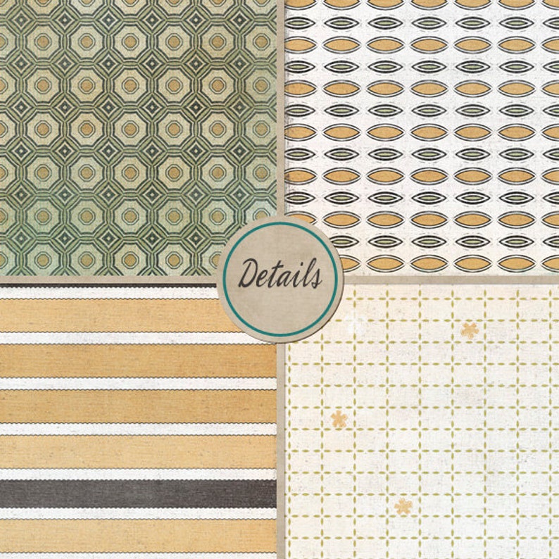 May include: Four different patterned paper squares with a circle in the center that says "Details". The patterns are geometric, with a green and beige pattern in the top left, a beige and brown pattern in the top right, a beige and brown striped pattern in the bottom left, and a white and beige pattern in the bottom right.