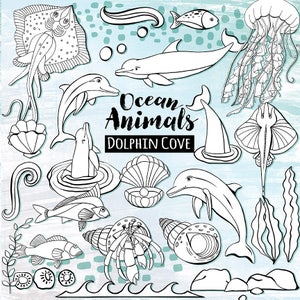 Pode incluir: Ilustra&ccedil;&atilde;o de linha preta e branca de v&aacute;rios animais marinos, incluindo uma arraia, uma &aacute;gua-viva, golfinhos, um caranguejo eremita, uma concha e algas marinhas. O texto "Ocean Animals Dolphin Cove" est&aacute; escrito em uma fonte estilizada.