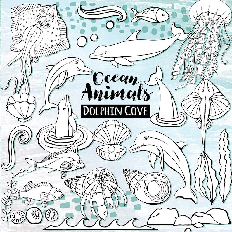 Pode incluir: Ilustra&ccedil;&atilde;o de linha preta e branca de v&aacute;rios animais marinos, incluindo uma arraia, uma &aacute;gua-viva, golfinhos, um caranguejo eremita, uma concha e algas marinhas. O texto "Ocean Animals Dolphin Cove" est&aacute; escrito em uma fonte estilizada.