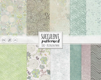 Succulent Digital Paper Patterns, Shabby Chic Floral Background Paper, Organic Chevron, Lightly Textured Digital Scrapbook Paper