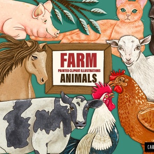 Peut inclure: Une collection d'illustrations d'animaux de ferme peintes, comprenant un cochon, un cheval, une vache, une ch&egrave;vre, un coq, une poule, un &acirc;ne, un chat et un rouge-gorge. Les illustrations sont sur un fond bleu sarcelle avec une pancarte en bois qui indique "FERME ILLUSTRATIONS CLIPART PEINTES ANIMAUX".