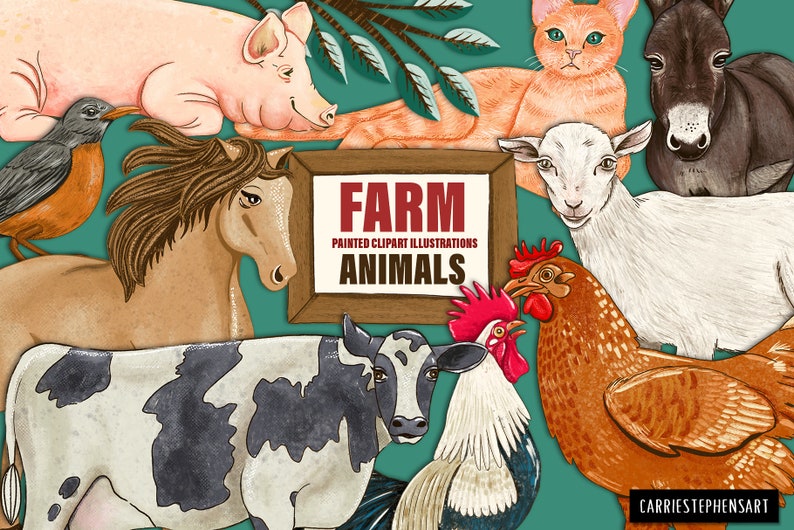 Peut inclure: Une collection d'illustrations d'animaux de ferme peintes, comprenant un cochon, un cheval, une vache, une ch&egrave;vre, un coq, une poule, un &acirc;ne, un chat et un rouge-gorge. Les illustrations sont sur un fond bleu sarcelle avec une pancarte en bois qui indique "FERME ILLUSTRATIONS CLIPART PEINTES ANIMAUX".